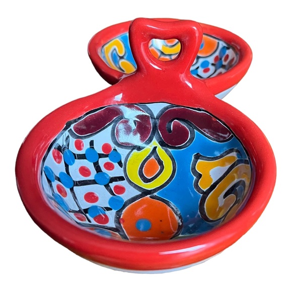 Talavera Pottery Molcajrte Double Salsa Bowl with Handle Ring Catch - Picture 6 of 11